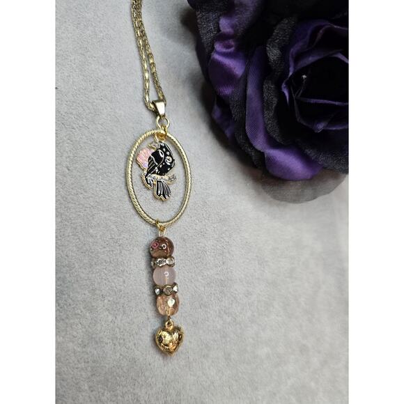 Gold chain and pendent Crow with Roses Celestial Moon Stars Rose quartz - Picture 2 of 4